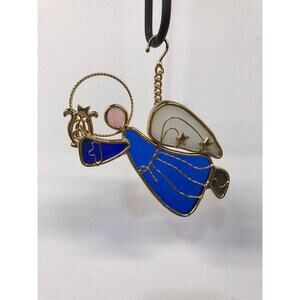 Stained Glass 3D Guardian Angel Hanging Suncatcher Ornament Blue Glass & Metal